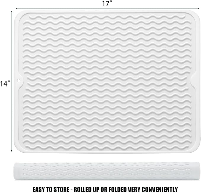 Large 17" x 14" Silicone Dish Drying Mat for Kitchen Counter, Easy clean, Quick Dry, Heat-resistant Dish Drainer Mat for Sink,Refrigerator or Drawer liner (Food Grade Silicone-White)