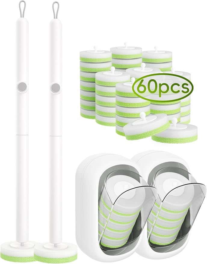 Wall Mounted Disposable Toilet Brush System with Holder, Toilet Bowl Cleaning Wand with Green Refills and One-Button Release, 2 Wands and Holders with 60 Green Refills