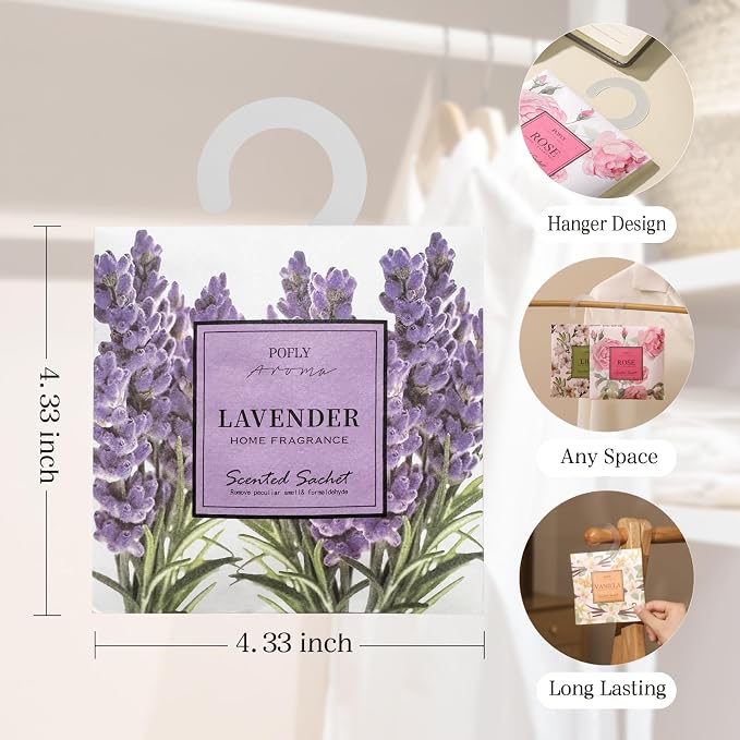 12 Pack Lavender Scented Sachets, Air Freshener for Home&Small Spaces | Hanging Sachet Bags with Retractable Hook; Closet Deodorizer & Odor Eliminator for Drawers, Shoe Cabinets, Cars & Luggage