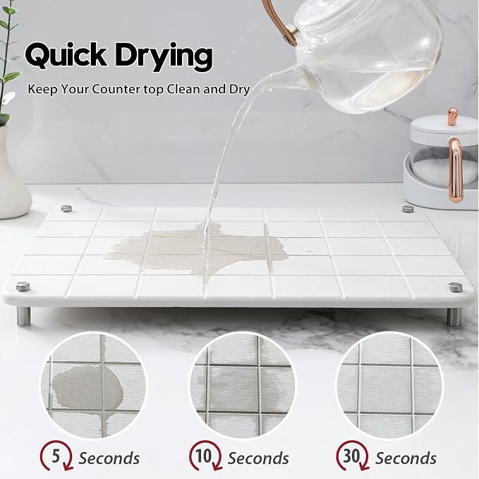 Razborci Stone Dish Drying Mat for Kitchen Counter, Water Absorbing Bathroom Tray Sink Organizer, Diatomaceous Earth Countertop Dish Rack Riser Sponge Holder Soap Dish, Gray Beige, 16" x 12"