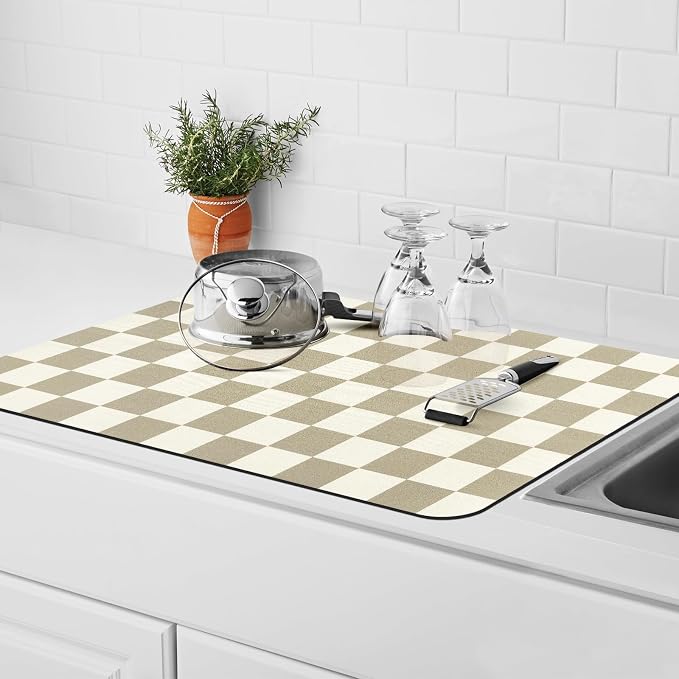 Dish Mat Drying Kitchen Mat, ,16"x 24" Super Absorbent Kitchen Dish Drying Pad for Countertop, Easy to Clean Drainer Mats with Non-slip Rubber Backed for Kitchen Counter, Beige Checkered