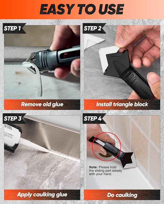 Saker Silicone Caulking Tool 3-in-1 Grout Removal Tool Classic Black | Sealant Finishing Scraper with Stainless Steelhead, Seam Repair Kit for Bathroom, Kitchen, Floor, Window and Sink Joints