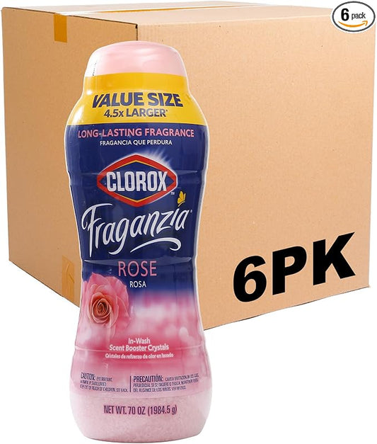 Clorox Fraganzia In-Wash Laundry Scent Booster Crystals Rose Scent Fresh Smelling Clothes Linens Safe All Fabrics Colors Easy Pour 70 OZ 6 Pack Extended Household Supply Standard HE Machines