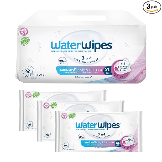 WaterWipes Sensitive Whole Body Cleansing Wipes, 99.9% Purified Water, XL Textured Wipes, Incontinence Care, Fragrance Free, 90 Count