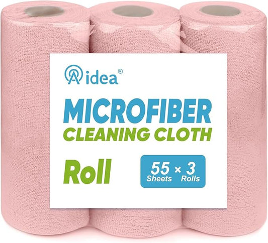 AIDEA Microfiber Cleaning Cloth 165 Sheets 3 Roll, Pink Towels 11×9" | Reusable Paper Towels, Shop Towels, Microfiber Towels for Cars,Cleaning Rags for Automotive,Workshops,House,Cleaning Supplies