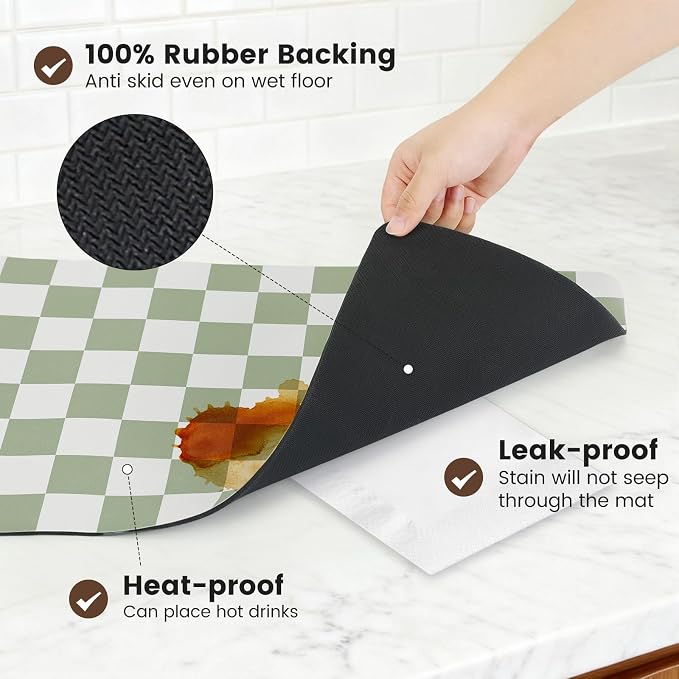 Checkered Dish Mat for Kitchen Coffee Station, 17" x 32" Sage | Quick Drying & Absorbent Mat for Coffee Bar Espresso Machine Countertops Accessories