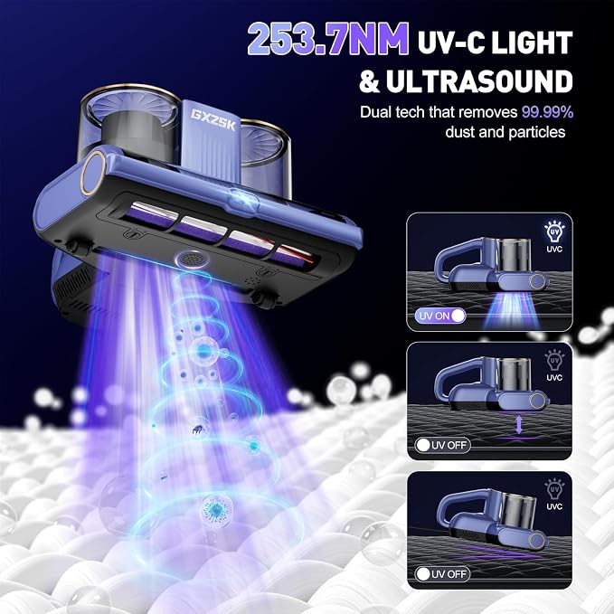 Gxzsk Mattress Vacuum Cleaner, 16kPa Bed Vacuum Cleaner, Handheld Vacuum | 253.7nm UV-C Light, Ultrasonic & 140℉ Heating, Dual Cup & Widen Suction Port for Bed, Sofa, Couch, Crib (500W, Corded)