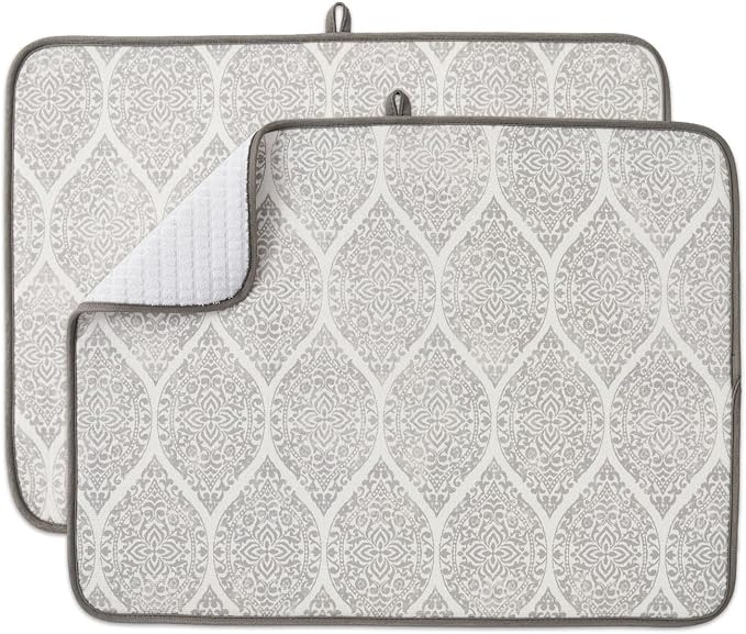 FRESHMINT Printed Dish Drying Mats for Kitchen Counter 2 Pack Absorbent Reversible Drying Mats Microfiber Kitchen Countertop Protector Dishes Drying Pad Extra Large 18"x24" Dish Mat