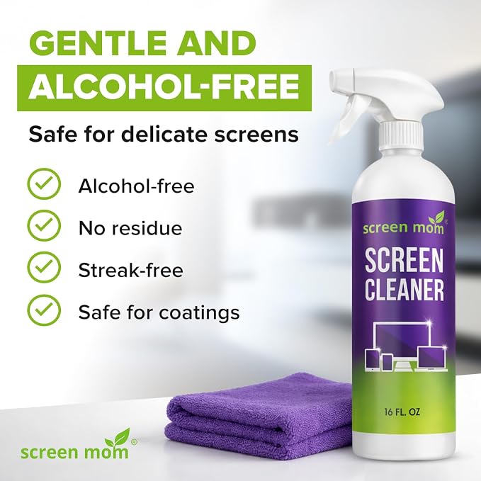 Screen Mom Screen Cleaner Spray 16oz Bottle for TV, Car, Laptop & Computer | Streak-Free Cleaning, Glass & OLED Safe, Alcohol-Free Formula, Scratch-Resistant Microfiber Cloth, Safe for Phones & Tablets