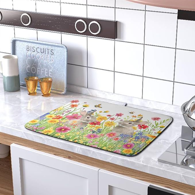 Easter Dish Drying Mat for Kitchen Counter Easter Bunny Flowers Dish Drying Pad Spring Rabbit Floral Dishes Drainer Mats Absorbent Microfiber Kitchen Countertop Protector Drying Mats 16x18 in
