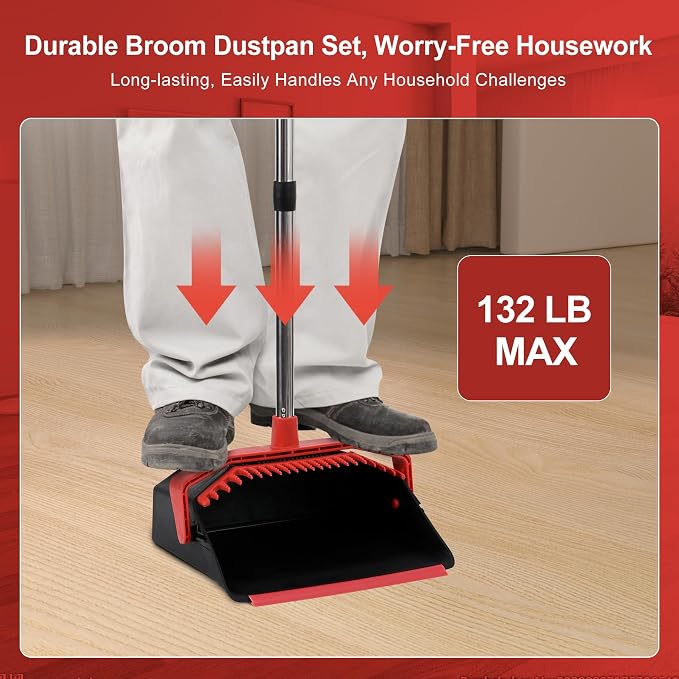 Broom and Dustpan Set for Home, 51" Long Handle Standing Dustpan Black Red | Self-Cleaning Dust Pan and Brooms, ZeroGap Lip, Upright Storage Broom Combo for Kitchen Lobby Office Restaurant Indoor
