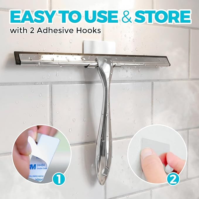 ALFLOD 2pcs Shower Squeegee for Glass Doors with Adhesive Hanging Hook Set | 12” silver, bathroom accessories, window cleaner, new home essentials, soft rubber blade, metal handle, ergonomic grip