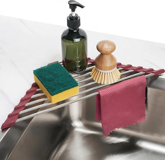 Tomorotec Foldable Stainless Steel Triangle Roll-Up Dish Drying Rack for Small Sink Corners - Over-The-Sink Multipurpose Kitchen Drainer, Rustproof Organizer, Trivet and Shelf - Space-Saving(Wine Red)