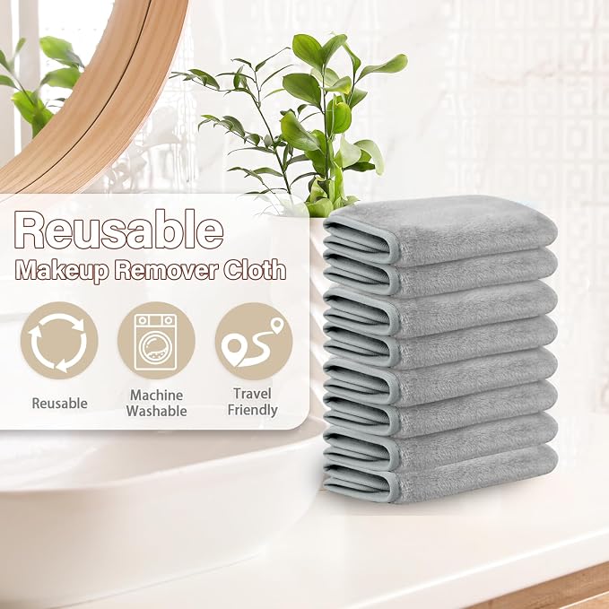 Nugilla Makeup Remover Cloths, 8 Packs Makeup Remover Towels Reusable Face Wash Cloth, Soft Microfiber Face Cloth for Women(Light Grey)