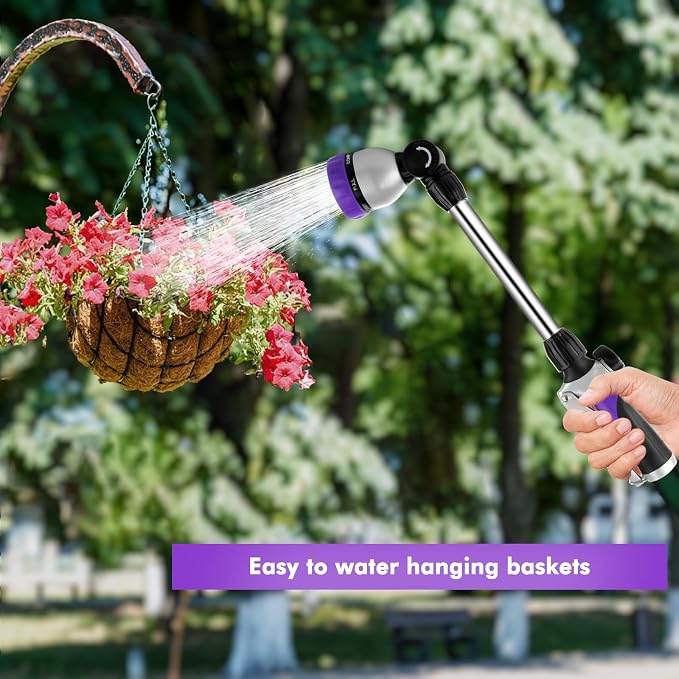 RESTMO Heavy Duty Metal Hose Wand, Watering Wand for Garden Hose | 180° Swivel Ratcheting Head, 16'' Hose Sprayer, 7 Spray Patterns, Flow Control, Ideal for Hanging Baskets & Shrubs, Purple