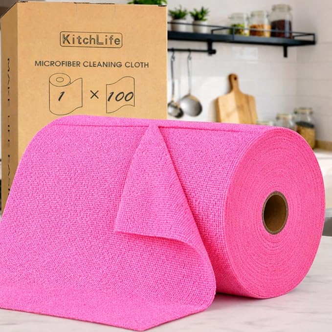 KitchLife Microfiber Cleaning Cloth Roll, 100 Pack - Tear-Away Microfiber Paper Towels, Lint-Free, Reusable, Washable for Kitchen, Car, Dishes, and Sensitive Surfaces (Hot Pink)