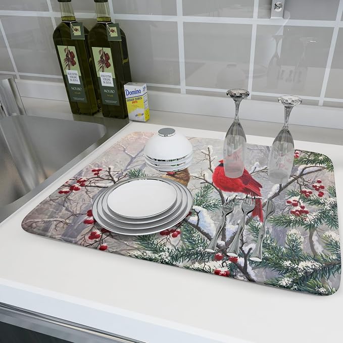 Red Bird Dish Drying Mat Merry Christmas Dishes Pad Absorbent Fast Dry Dish Drainer Mat Protector for Kitchen Counter 18 x 24 Inches