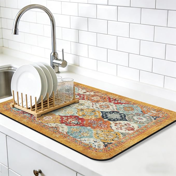 Dish Drying Mat, Vintage Rustic Boho Kitchen Dishes Absorbent Pad, 18x24in | Eco-friendly diatomite with non-slip rubber backing. Super absorbent mat for kitchen counters, coffee bars & sinks