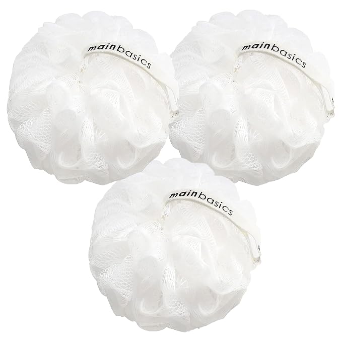 MainBasics Shower Loofah Sponge Pouf, Set of 3, Snow White | Soft Mesh Body Scrubber and Bath Sponge for Gentle Exfoliation, Rich Lather, and Everyday Shower Use