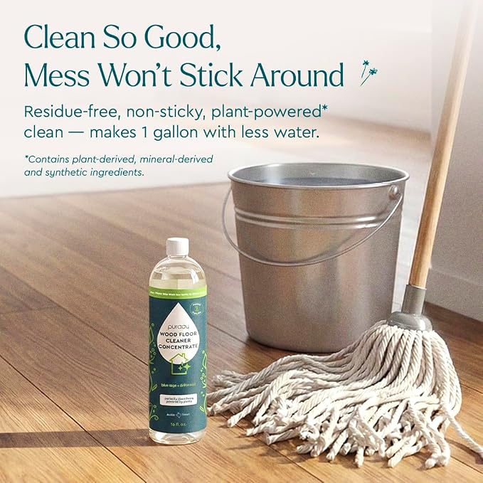 Puracy Wood Floor Cleaner Concentrate - pH Neutral Plant-Powered Hardwood All Purpose Cleaner - Residue-Free Non-Sticky Cleaning Solution As Seen on TikTok (Blue Sage & Driftwood, 16 fl oz)