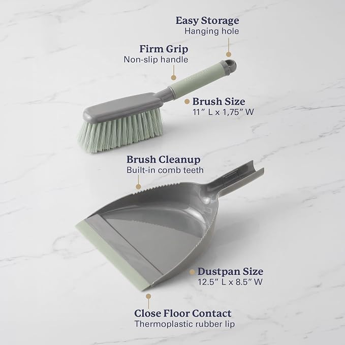 Farberware Handheld Broom and Dustpan Set with Rubber Lip – Small Dust Pan and Brush Set for Kitchen Crumbs, Cat Litter, Compact Hand Broom with Soft Grip Handle for Home Cleaning