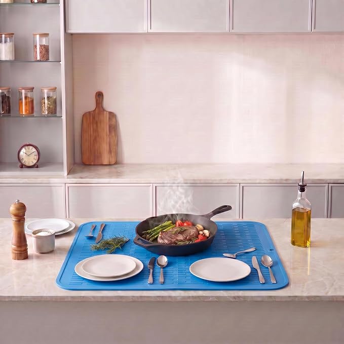 MicoYang Silicone Dish Drying Mat for Multiple Usage,Easy clean,Eco-friendly,Heat-resistant Silicone Mat for Kitchen Counter or Sink,Refrigerator or Drawer Liner Lichen BlueL 4XL 32 inches x 18 inches