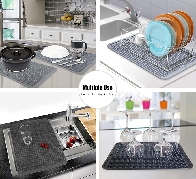 Silicone Dish Drying Mat for Multiple Usage, Easy clean, Eco-friendly, Heat-resistant Dish Drainer Mat for Kitchen Counter,Sink,Refrigerator or Drawer liner (16" x 12", White)
