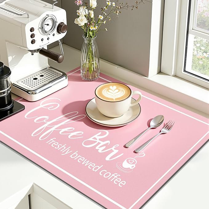 Findosom Dish Drying Mat, 12" x 20" Super Absorbent & Hide Stain Coffee Mat, Cuttable Drying Mat for Kitchen Counter, Coffee Bar Accessories, Under Dish Rack, Coffee Maker, Espresso Machine, Pink