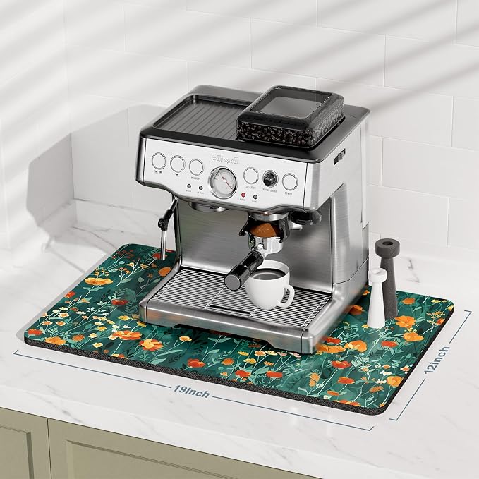 Rnivvi Coffee Mat, 12" x 19" Cute Coffee Bar Mats for Espresso Machine Station Accessories and Organizer, Hide Stain Rubber Backed Absorbent Dish Drying Pad for Kitchen Counter, Gentle Forest Flowers
