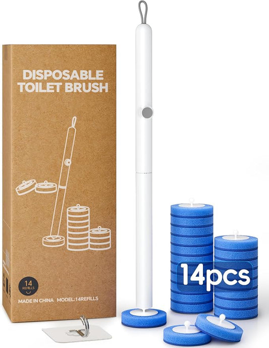 Toilet Bowl Cleaning Wand, Disposable Toilet Brush Kit with Replacement Heads and Press Button Handle (Toilet Brush + 14 Refills)