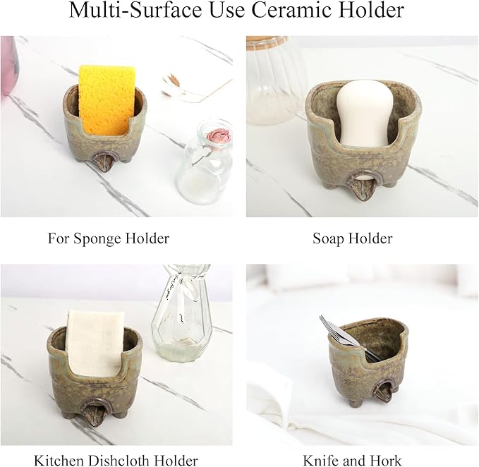 Ceramic Sponge Holder with Drainage, Rustic Farmhouse Sink Caddy Organizer, Self Draining Sponge Dish for Scrubbers, Soap & Brushes, Compact Kitchen Accessory, Keeps Counter Dry (Avocado)