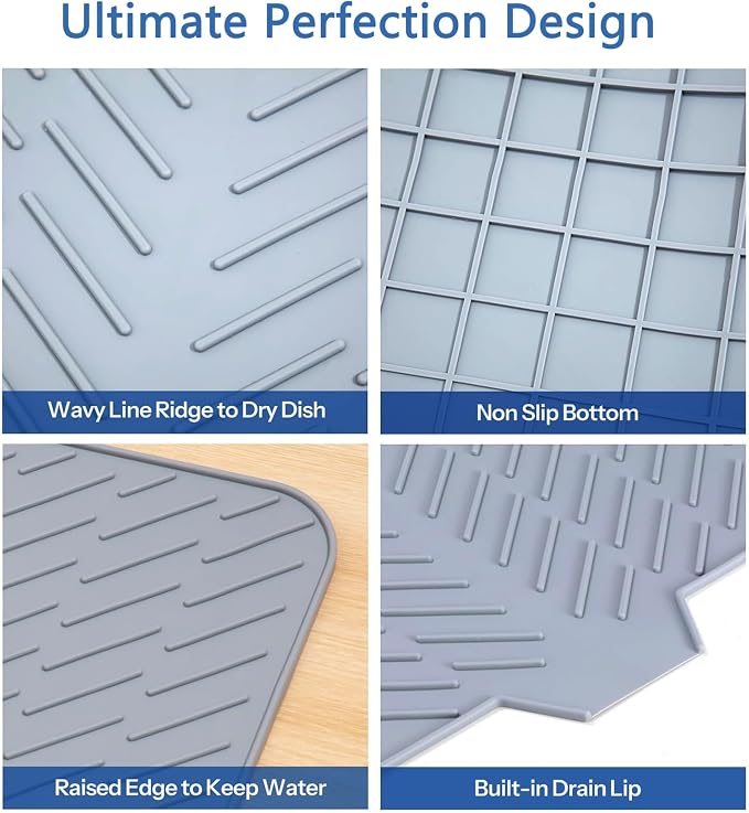 Large Silicone Dish Drying Mat – 23"x17" Sloped Sink Draining Tray with Sponge Holder for Kitchen Counter, Angled Surface for Water Drainage, Silicone Rack Mat with Drain Lip(Gray)