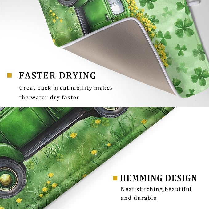 Green Holiday Dish Drying Mat Lucky Clover Truck Drying Mat for Kitchen Counter 18 X 24