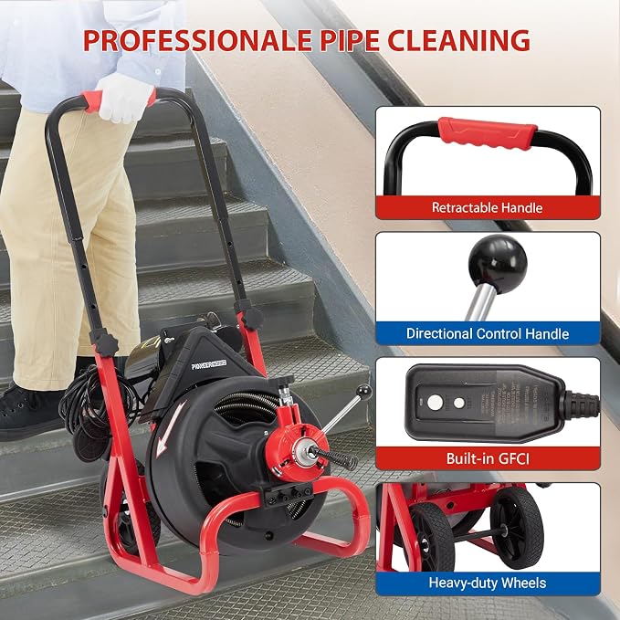 75 ft x 1/2 in Drain Cleaner Machine with 6 Cutters & Gloves, Auto Feed Sewer Snake for 2–4 Inch Pipes, Professional Plumbing Drain Cleaner Machine