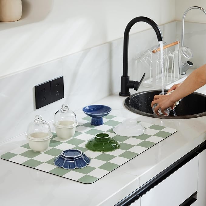 Ohocut Checkered Dish Drying Mat for Kitchen Counter, Coffee Bar Station Accessories, Retro Cute Aesthetic Modern Absorbent Drainer Mat Kitchen Drying Mat Easy Clean, Sage 16" x 24"
