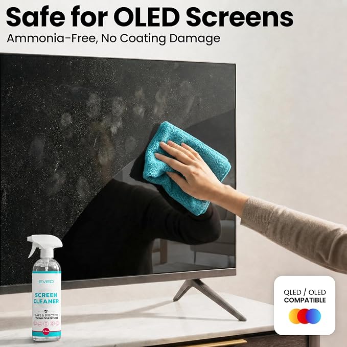 EVEO® TV Screen Cleaner Spray (Streak-Free) TV Screen Cleaner for Smart TV, LCD, LED, OLED | Computer Screen Cleaner Spray and Wipe Microfiber Cloth for TV, Monitor, Laptop, iPad, Car, Tesla & More