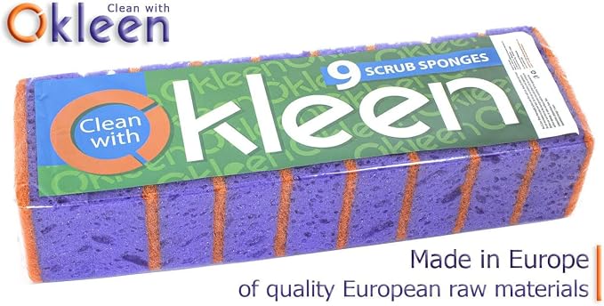 Purple and Orange Multi Use Scrub Sponges. Made in Europe. 9 Pack, 4.3x2.8x1.4 inches. Heavy Duty & Non Scratch Fiber. Odorless Durable Delicate, Easy Washable Violet Scrubber