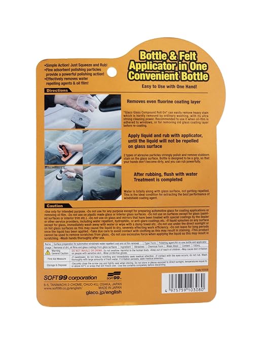 SOFT99 Glaco Glass Compound Roll On 100ml - Glass Cleaner | Removes dirt, oil & water spots. Roll-on applicator, streak-free finish. Water-beading for visibility.