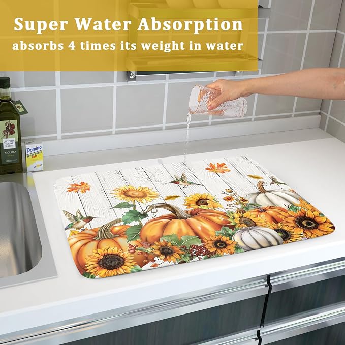 Fall Sunflower Maple Leaves Dish Drying Mat for Kitchen Counter Autumn Harvest Pumpkin Dish Drying Mat 16”x18” Thanksgiving Dishes Pad Dish Drainer Rack Mats Absorbent Fast Dry Kitchen Accessories