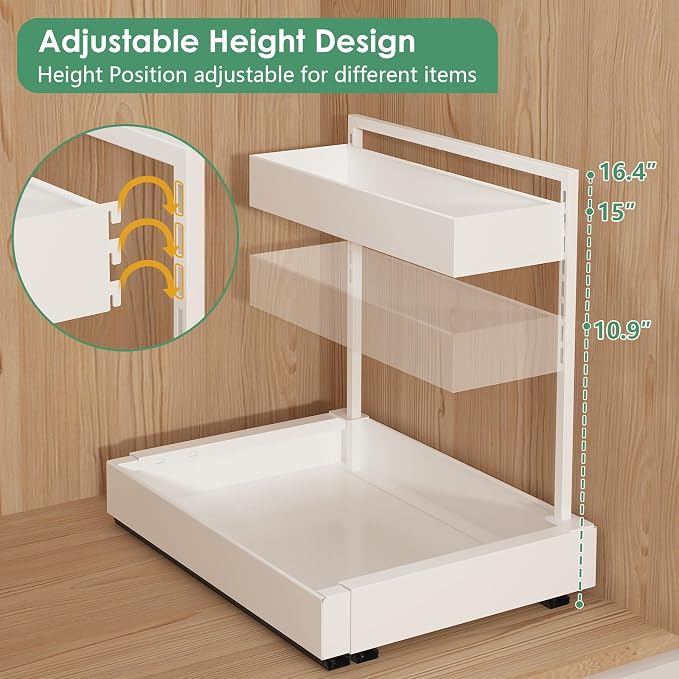 REALINN L-Shaped Under Sink Organizer with 6-Level Height Adjustment & Expandable Width, Pull-Out Cabinet Storage Rack with Quiet Sliding Rails for Kitchen, Bathroom, Laundry Room Cabinets, White