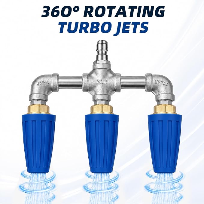 Triple Pressure Washer Turbo Nozzle, 3-Head, 1/4-Inch Quick Connect | 360° rotating power washer nozzle tips, 4000 PSI, 4-6 GPM, 2.0 orifice for driveways, concrete, patios and decks
