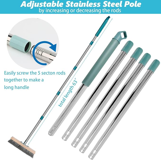 Stainless Steel Deck Scrub Brush with Long Handle, Heavy Duty Floor Scrubber Moss Remover Concrete Wire Bristle Brush for Cleaning Yard Broom Outdoor Metal Patio Scrubbing Brush