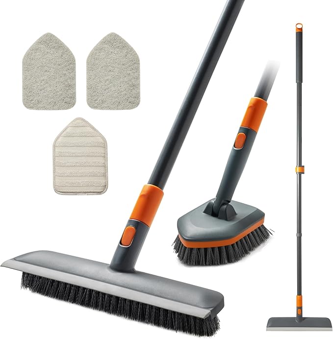 CLEANHOME Floor Scrub Brush Tile Tub Scrubber Brush | 4 Different Cleaning Heads, Shower Brush, 56" Extendable Long Handle, For Kitchen, Bathroom, Tub, Tile, Wall