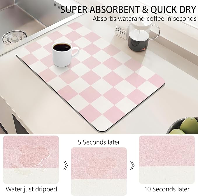 Dish Drying Mat for Kitchen Counter,16"x 24" Super Absorbent Kitchen Dish Drying Pad, Heat Resistant Drainer Mats with Non-slip Rubber Backed, Pink Checkered Coffee Bar Station Accessories