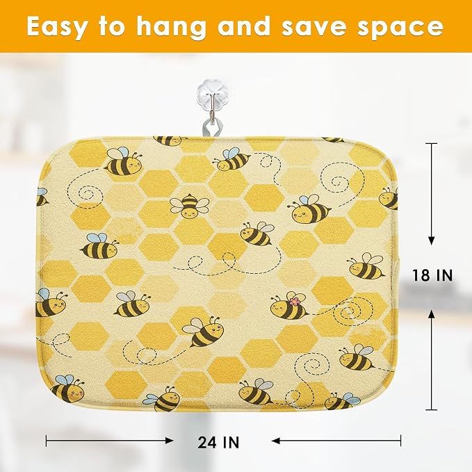 Sanwarm Absorbent Dish Drying Mat, Honey Baby Cute Yellow Bees Microfiber Pad for Kitchen Counter, Coffee Bar Decor, Heat Resistant and Reversible, 18" x 24"