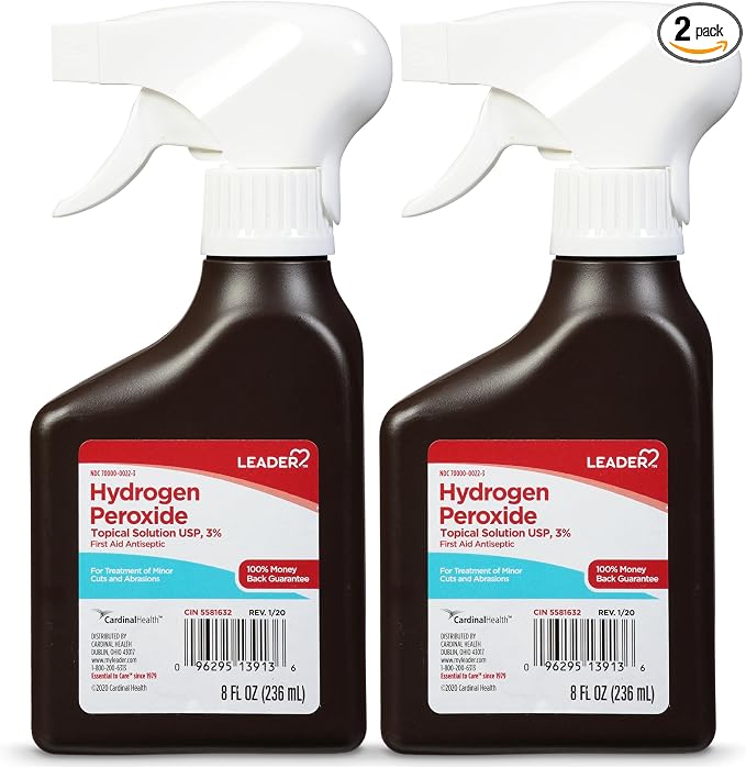 Leader Hydrogen Peroxide 3% Topical Solution, First Aid Antiseptic, Multi-Purpose Cleaner, Gentle & Effective Spray for Home, Cuts, and Scrapes, Easy-to-Use, 8 Fl Oz Spray Bottle (2 Pack)
