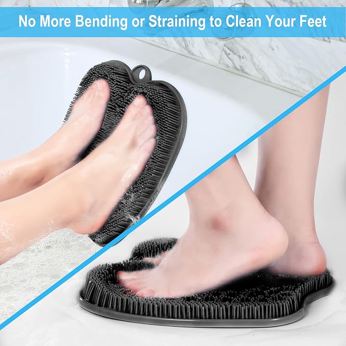 BESKAR Larger Shower Foot Scrubber Mat with Non-Slip Suction Cups- Cleans, Smooths, Exfoliates & Massages your Feet Without Bending, Improve Foot Circulation & Soothes Tired Feet- Black | Cleans, Smooths, Exfoliates, Massages Your Feet Without Bending,...