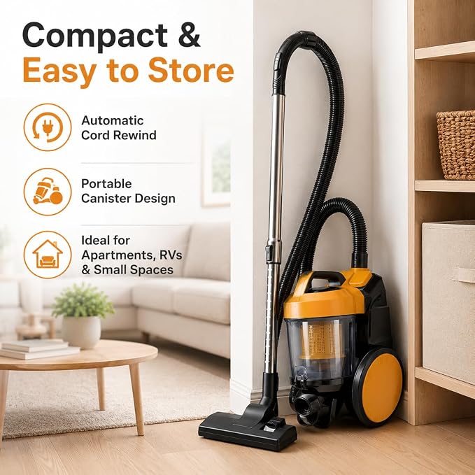 Simple Deluxe Household Portable 16.4Ft Vacuum Cleaner, 16Kpa Bagless Canister Cleaner, Lightweight Powerful Vacuum for Carpets and Hard Floors, with Washable HEPA Filter, Yellow