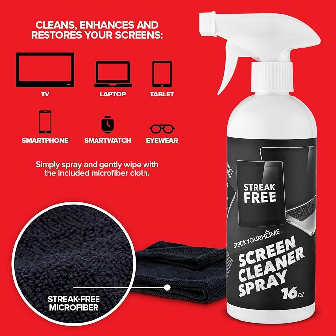 16oz Screen Cleaning Kit with Spray and Micro-Fibre Cloth Wipe (1 Pack) for Car Screens, Computer Screens, Laptops, iPads & Phones; Touchscreen Electronics Cleaner to Erase Dust or Fingerprints