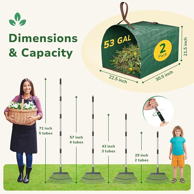GreatBuddy Leaf Rake and Leaf Bags Combo, Adjustable Metal Garden Rake 29''-72'' 25 Tines, 2 Pack 53 Gallon Reusable Yard Waste Bags, Heavy Duty Lawn Rake with Dustpan Leaf Collector for Yard Cleanup